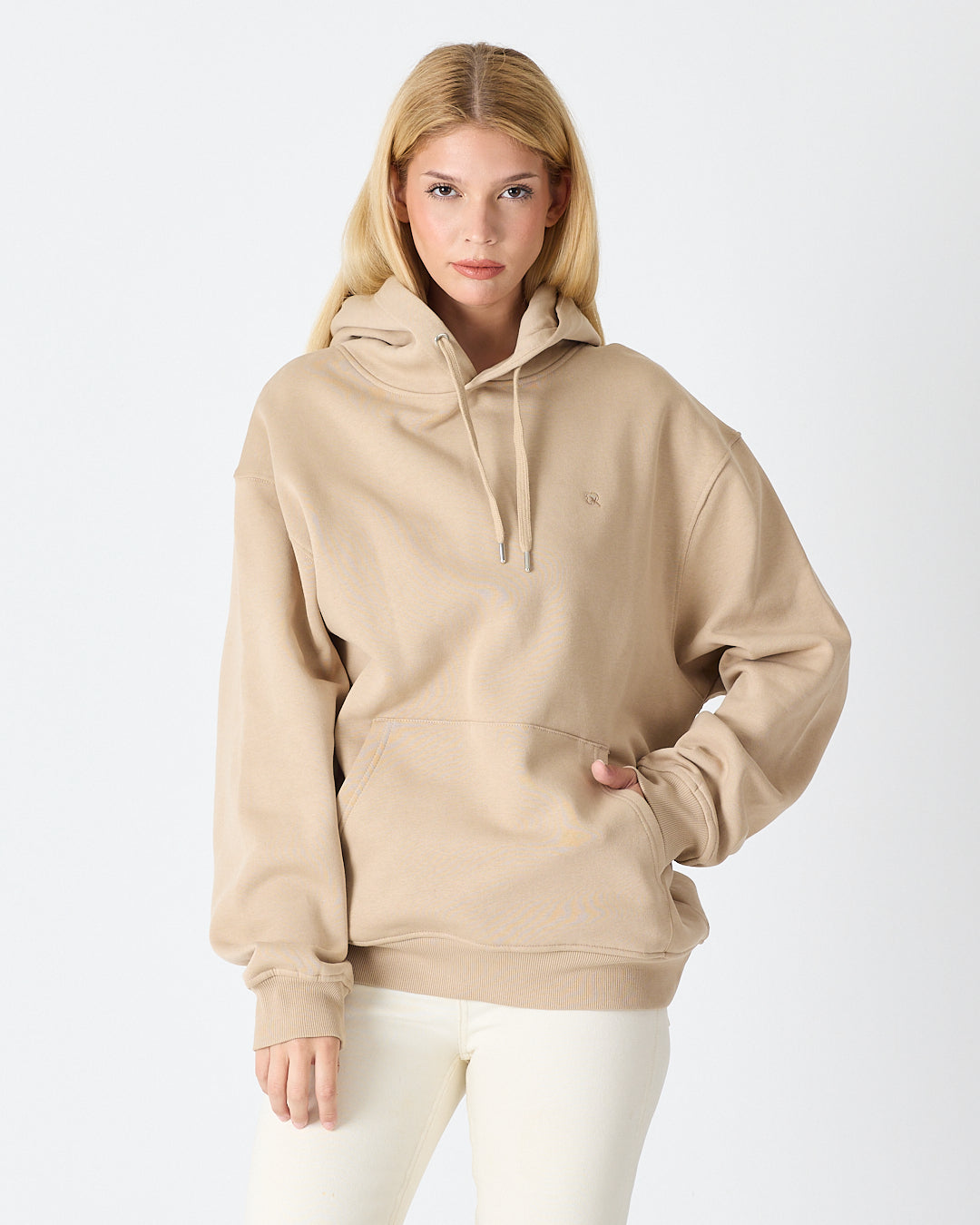 Unisex Beige Embroidered Hooded Organic Cotton Oversize Sweatshirt-1011418