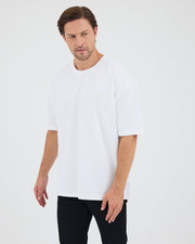 Unisex White Appliqué Logo Organic Cotton Oversized Crew Neck T-shirt -10305R01