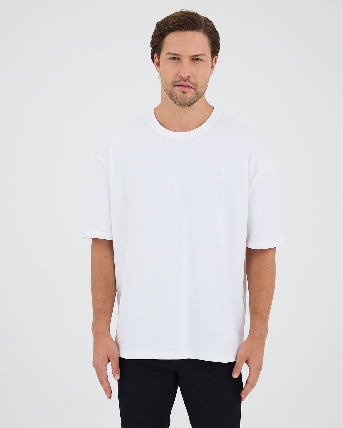 Unisex Beyaz Açık Mavi Nakışlı Oversize Bisiklet Yaka Organik Pamuklu T-Shirt