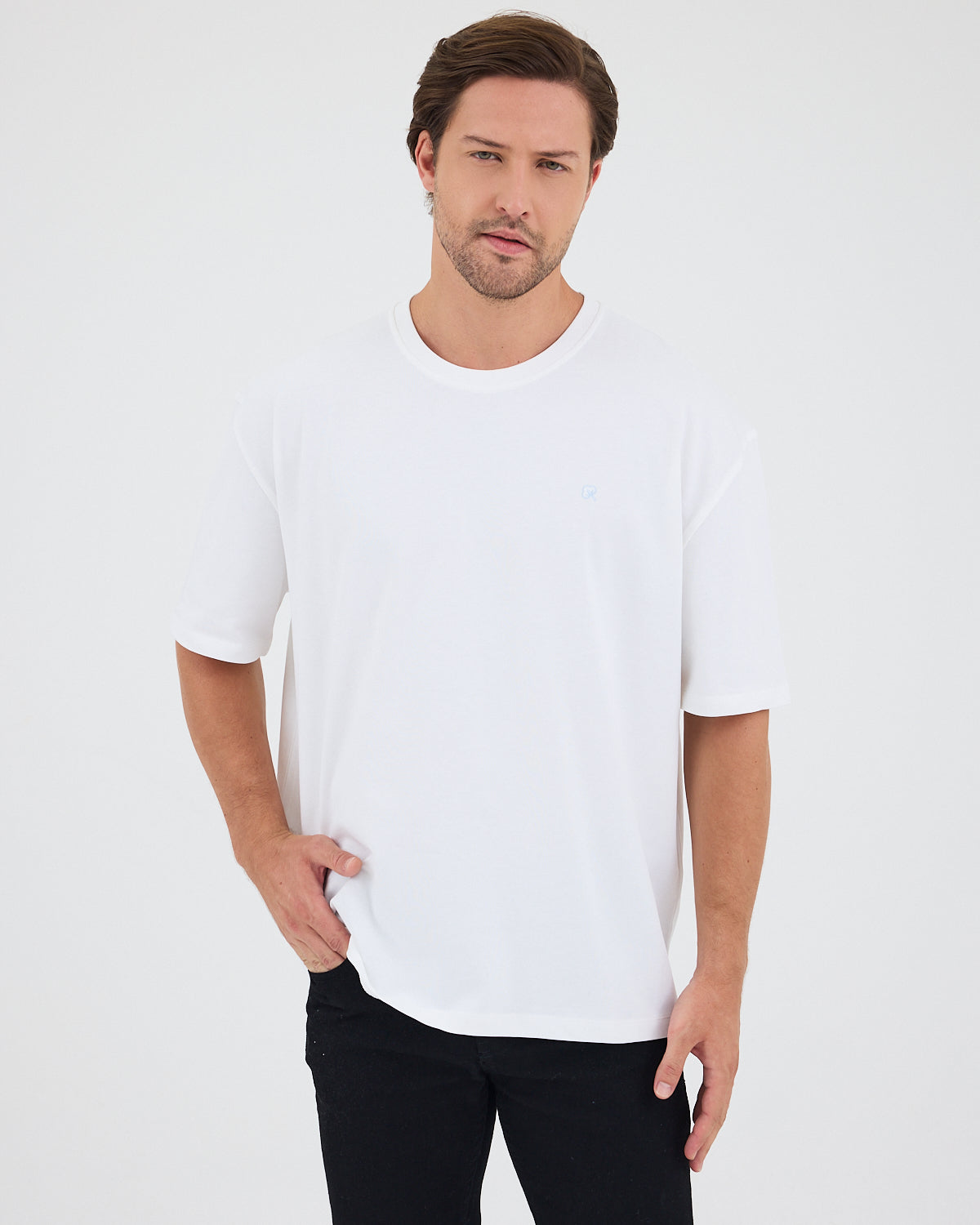 Unisex Beyaz Açık Mavi Nakışlı Oversize Bisiklet Yaka Organik Pamuklu T-Shirt