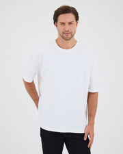 Unisex Beyaz Açık Mavi Nakışlı Oversize Bisiklet Yaka Organik Pamuklu T-Shirt