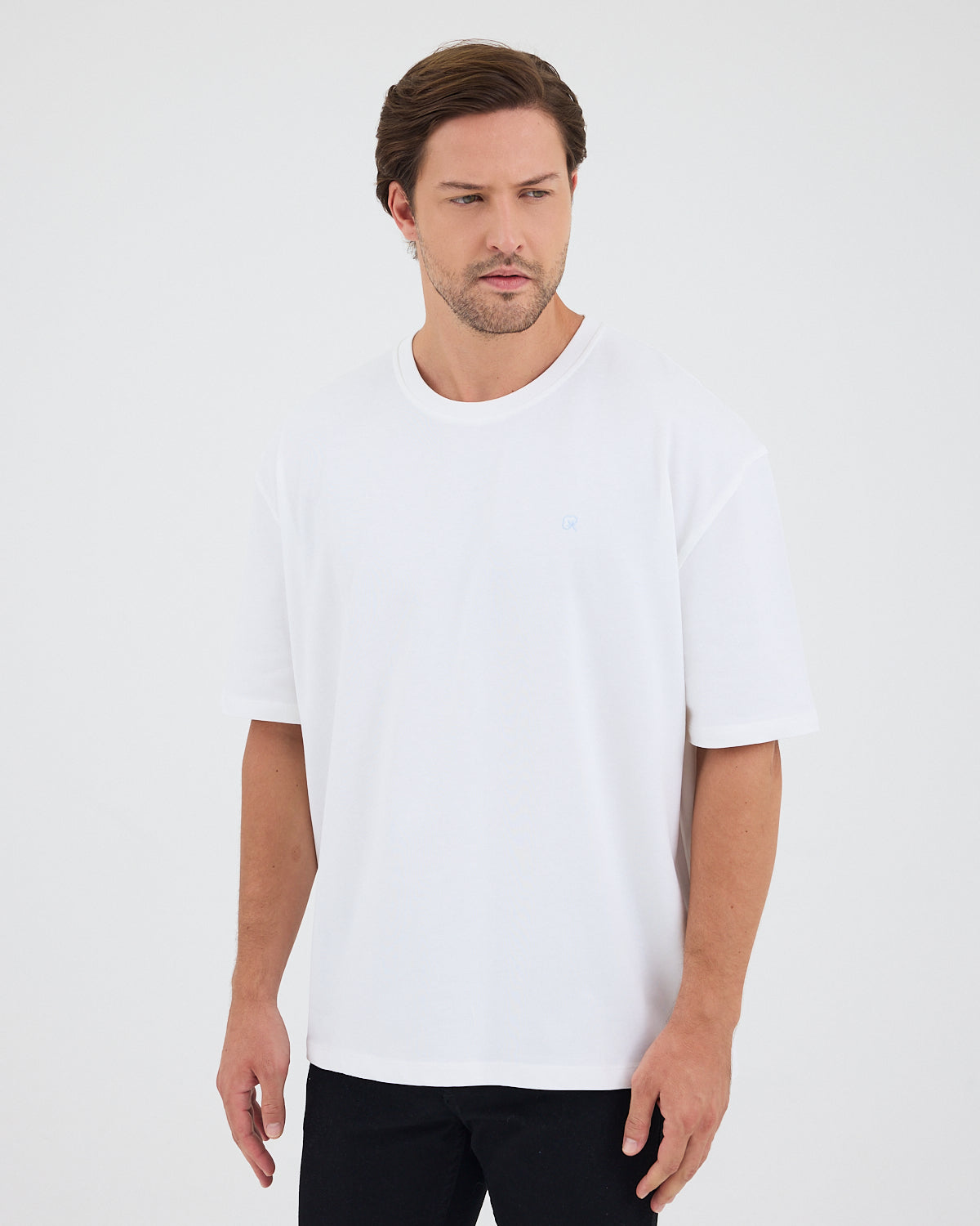 Unisex Beyaz Açık Mavi Nakışlı Oversize Bisiklet Yaka Organik Pamuklu T-Shirt