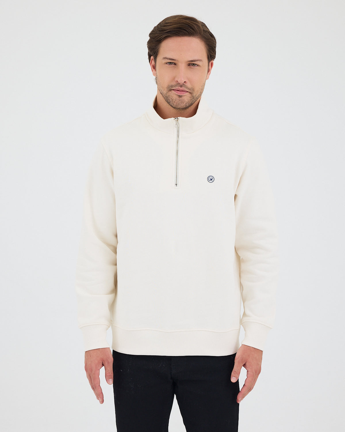 Unisex White Applique Logo Organic Cotton Standard Fit Half-Zip Sweatshirt-1031602