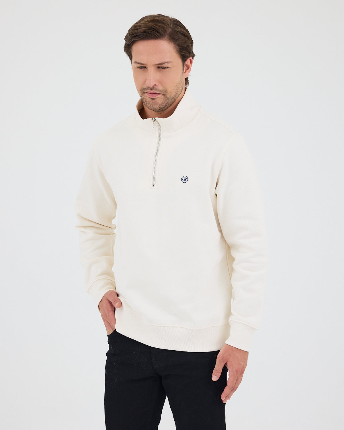 Unisex White Applique Logo Organic Cotton Standard Fit Half-Zip Sweatshirt-1031602