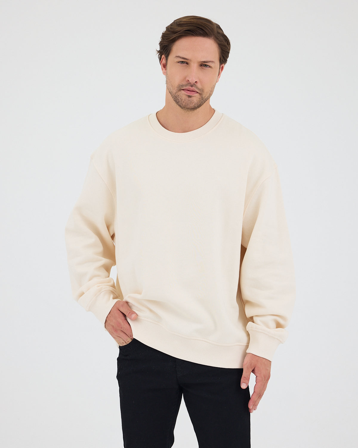 Unisex Ekru Nakışlı Bisiklet Yaka Organik Pamuk Oversize Sweatshirt