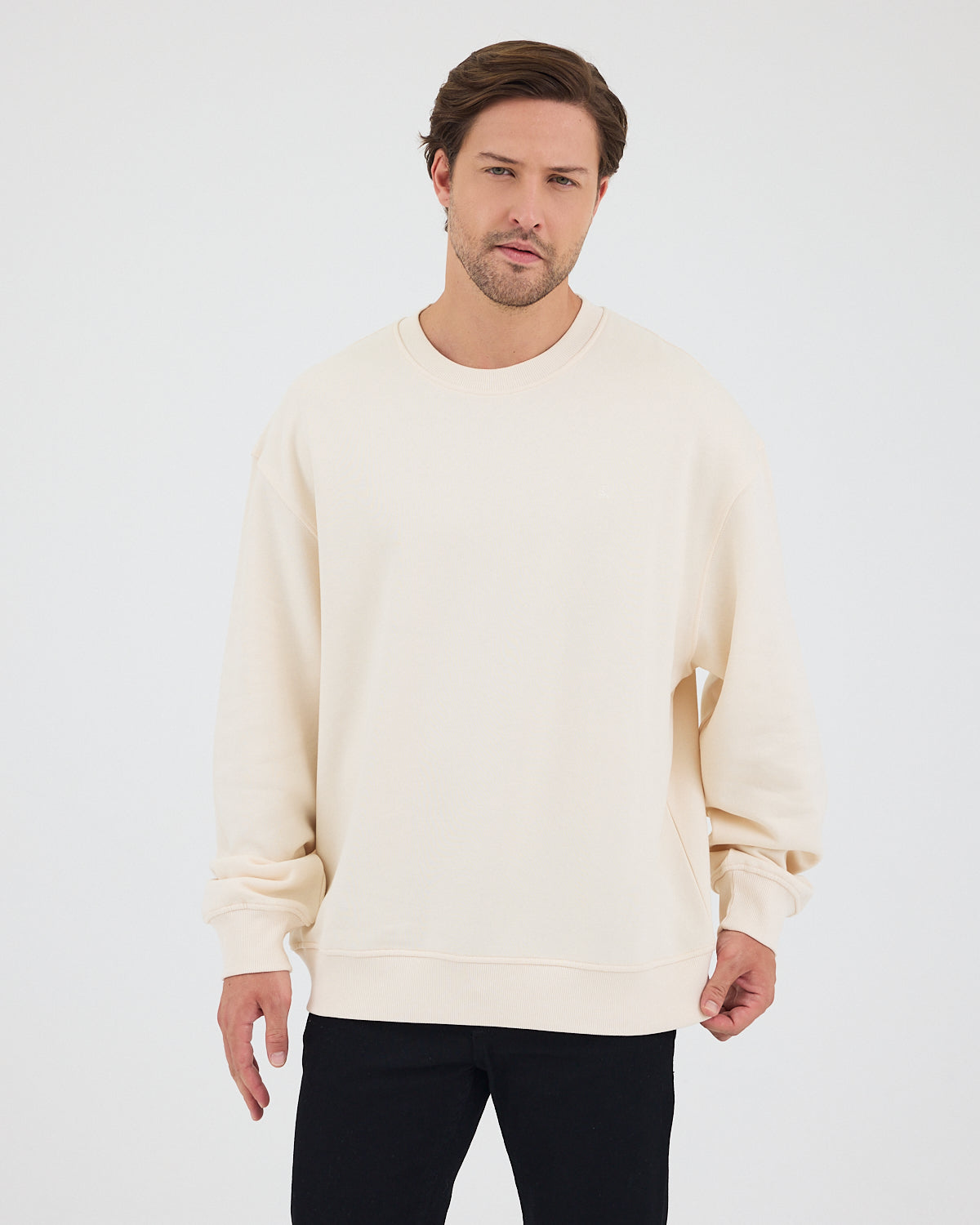 Unisex Ekru Nakışlı Bisiklet Yaka Organik Pamuk Oversize Sweatshirt