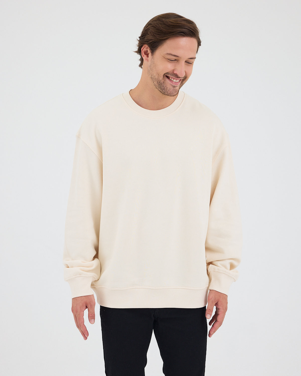 Unisex Ekru Nakışlı Bisiklet Yaka Organik Pamuk Oversize Sweatshirt