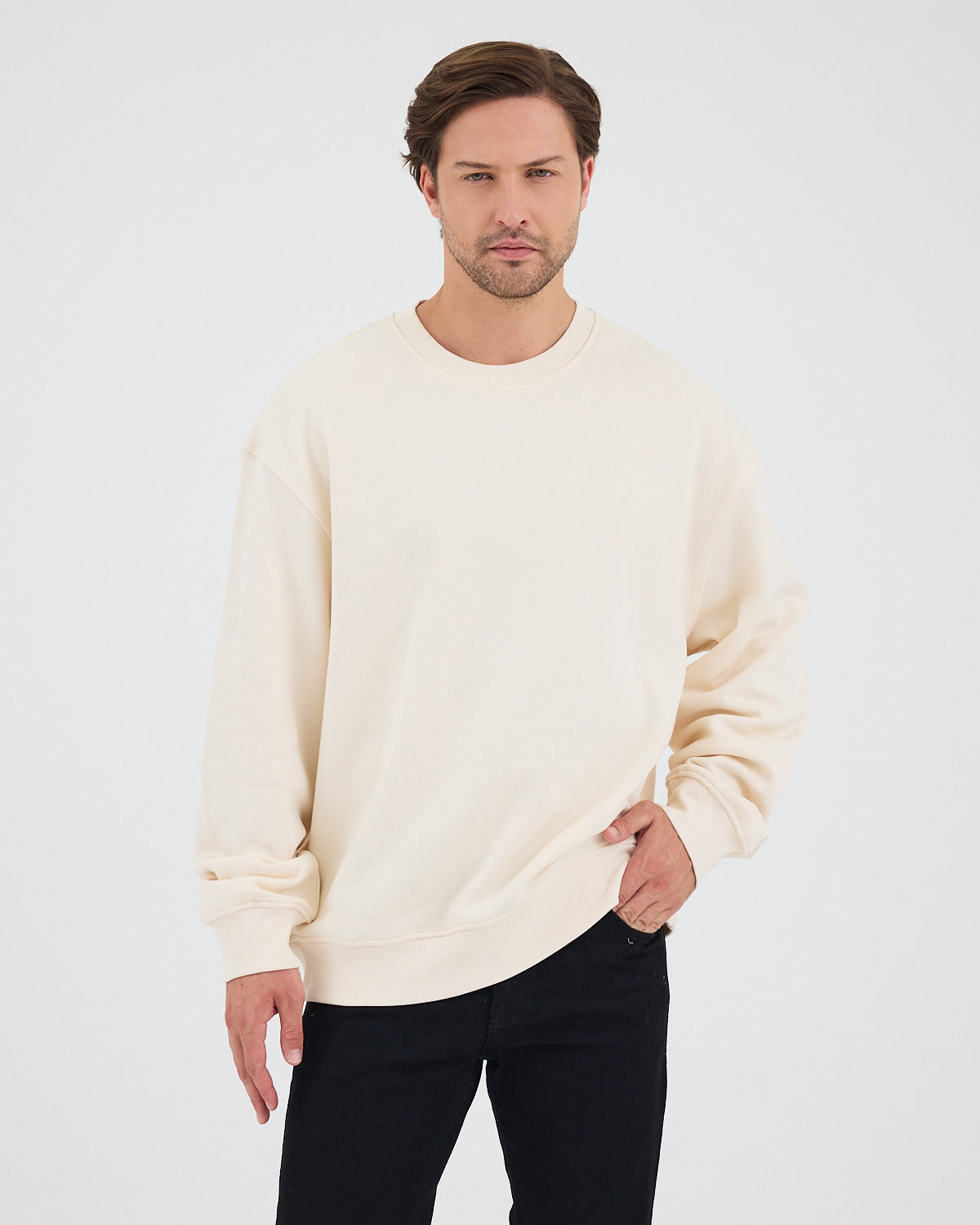 Unisex Ekru Nakışlı Bisiklet Yaka Organik Pamuk Oversize Sweatshirt