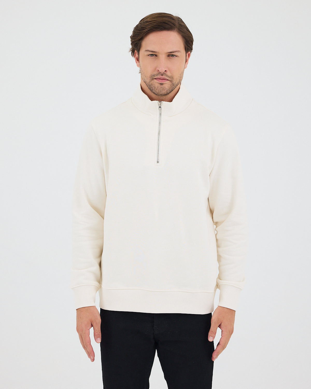Unisex Ekru Nakışlı Organik Pamuk Yarım Fermuarlı Standart Kalıp Sweatshirt