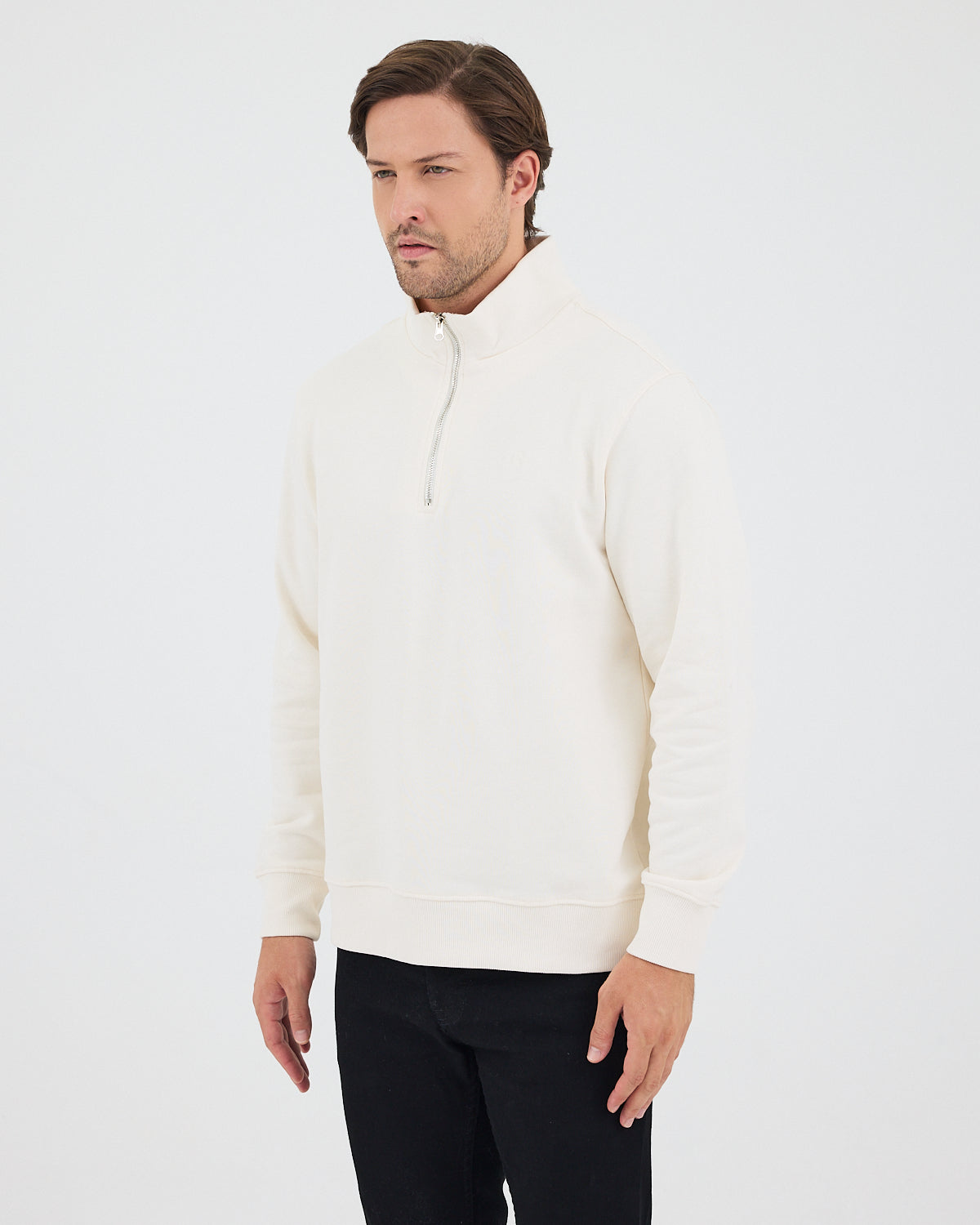 Unisex Ekru Nakışlı Organik Pamuk Yarım Fermuarlı Standart Kalıp Sweatshirt
