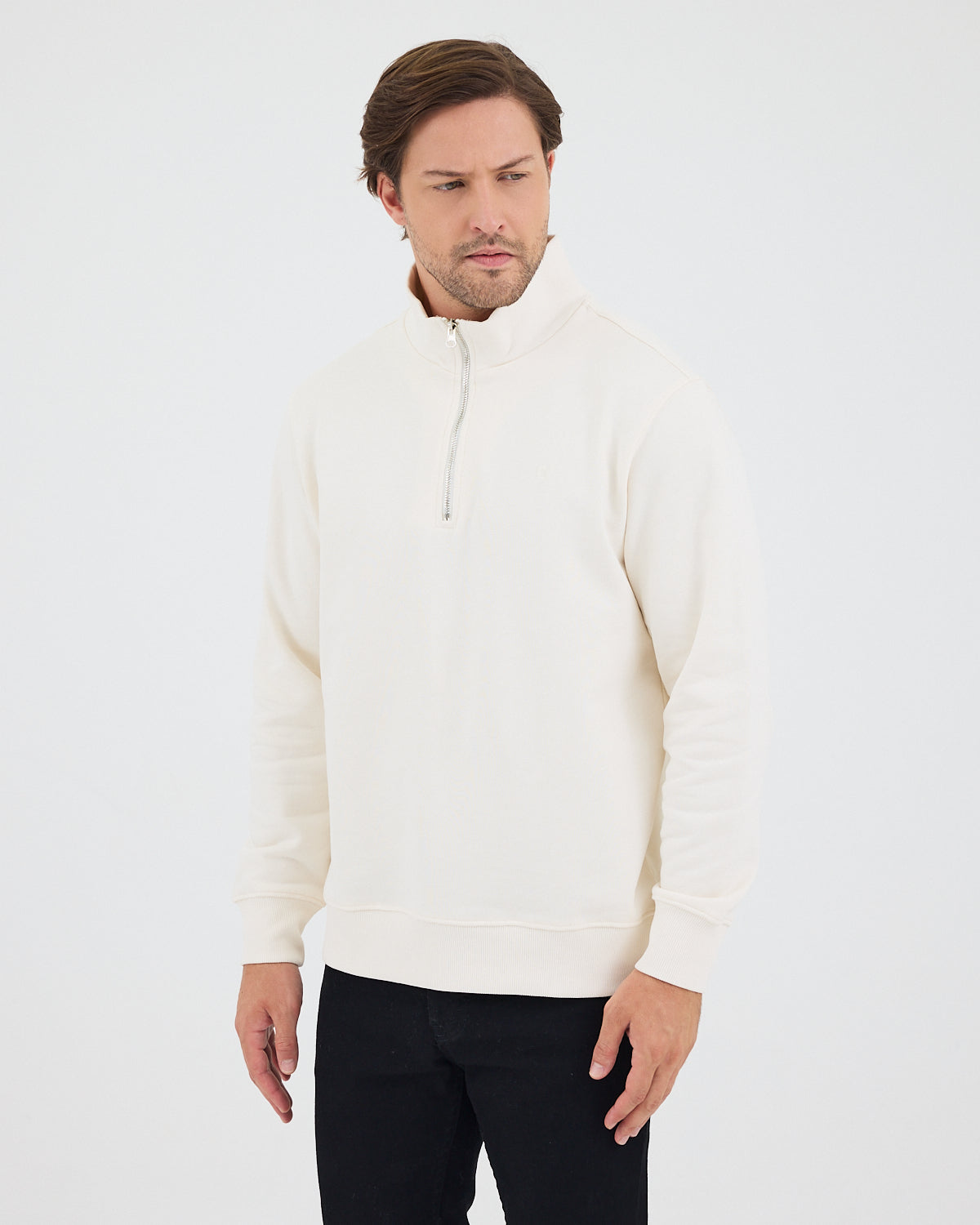Unisex Ekru Nakışlı Organik Pamuk Yarım Fermuarlı Standart Kalıp Sweatshirt