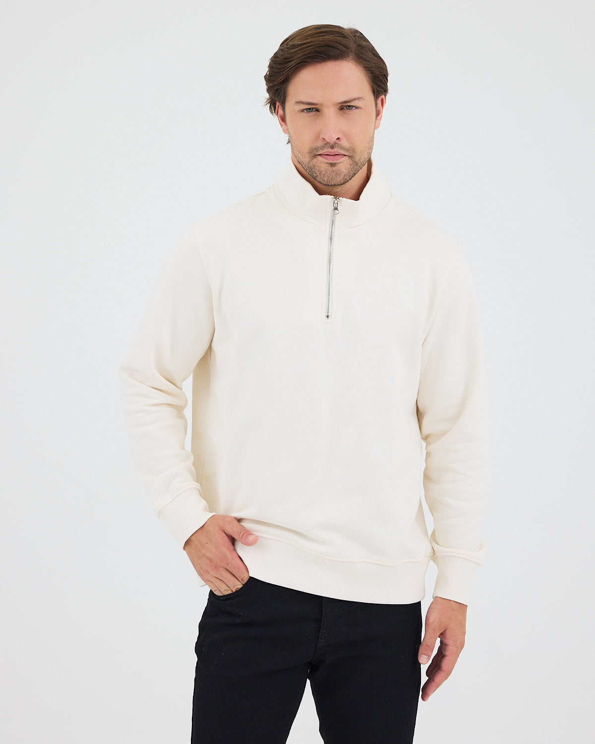 Unisex Ekru Nakışlı Organik Pamuk Yarım Fermuarlı Standart Kalıp Sweatshirt
