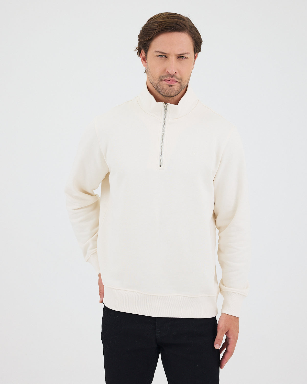 Unisex Ekru Nakışlı Organik Pamuk Yarım Fermuarlı Standart Kalıp Sweatshirt