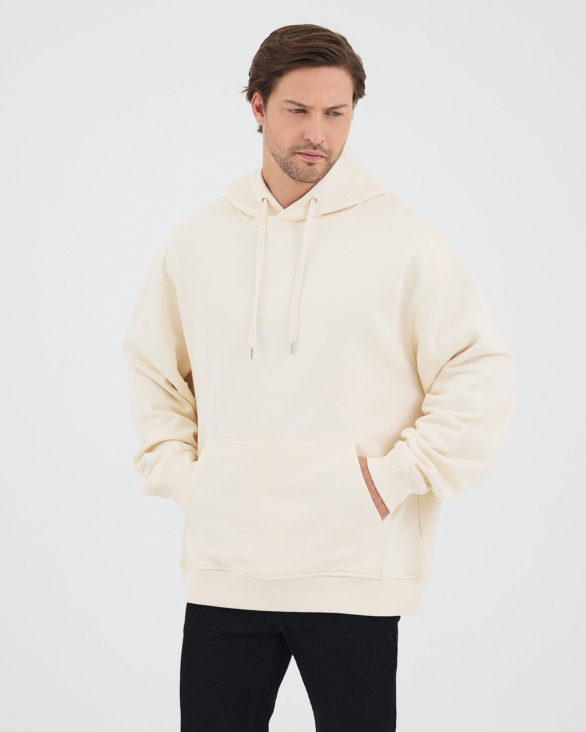 Unisex Ekru Nakışlı Kapüşonlu Organik Pamuk Oversize Sweatshirt