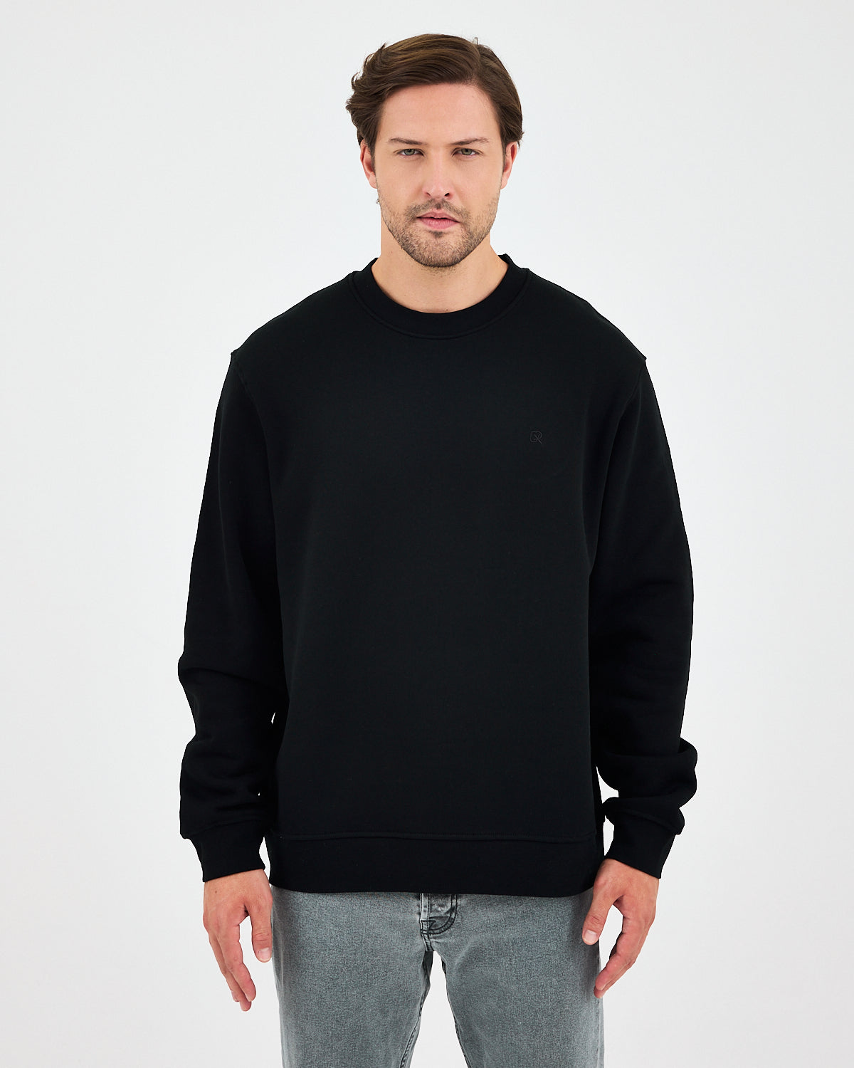 Unisex Black Embroidered Relaxed Fit Organic Cotton Sweatshirt -1011103