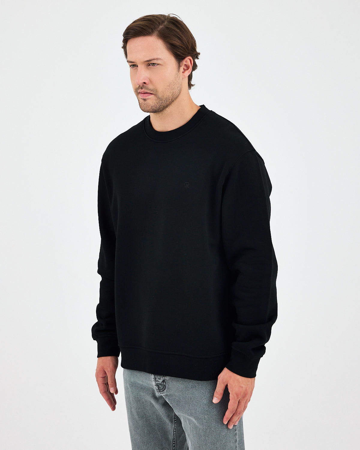 Unisex Black Embroidered Relaxed Fit Organic Cotton Sweatshirt -1011103