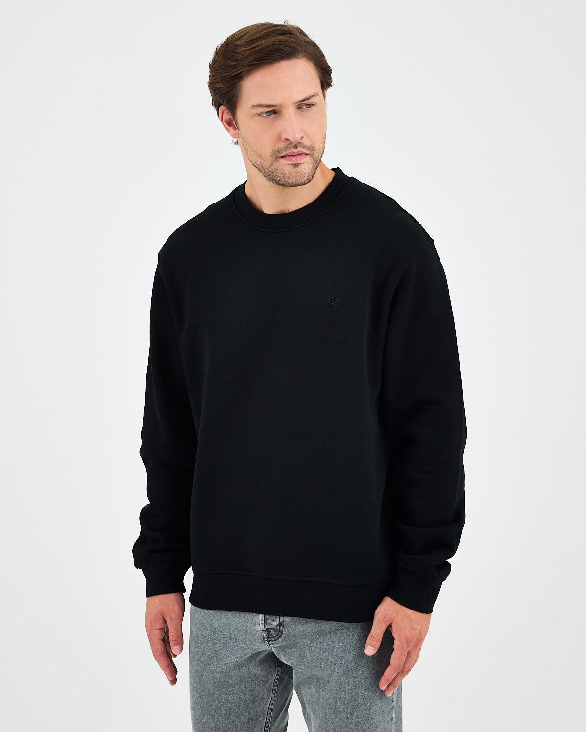 Unisex Black Embroidered Relaxed Fit Organic Cotton Sweatshirt -1011103