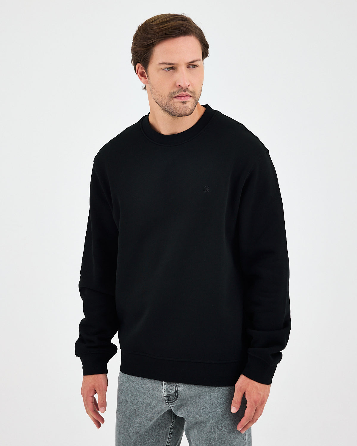 Unisex Black Embroidered Relaxed Fit Organic Cotton Sweatshirt -1011103
