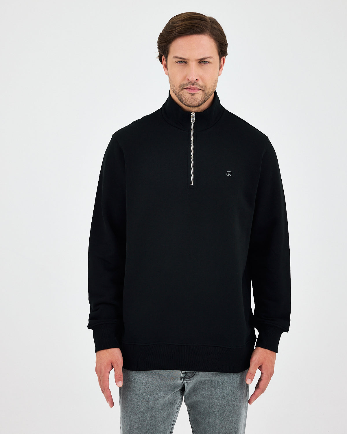 Unisex Siyah Gümüş Nakış Standart Kalıp Organik Pamuk Yarım Fermuarlı Sweatshirt