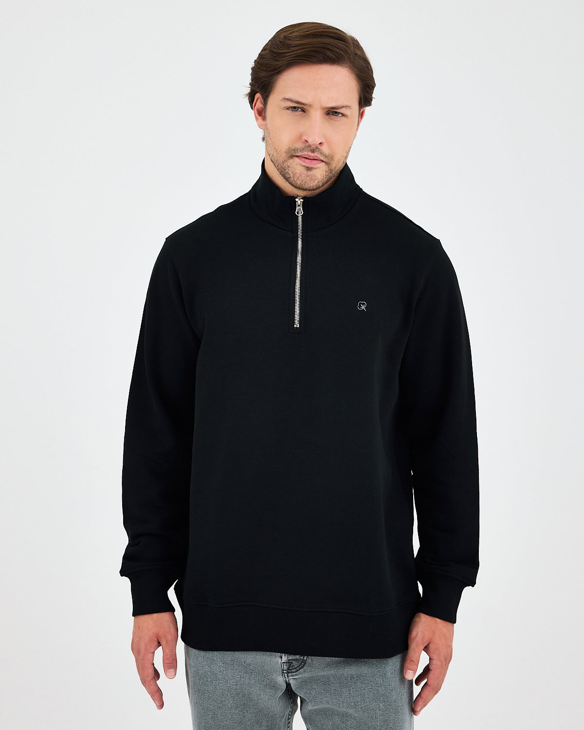 Unisex Siyah Gümüş Nakış Standart Kalıp Organik Pamuk Yarım Fermuarlı Sweatshirt