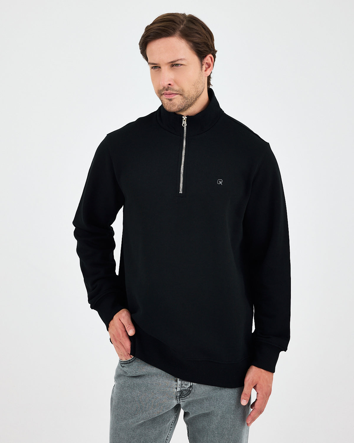Unisex Siyah Gümüş Nakış Standart Kalıp Organik Pamuk Yarım Fermuarlı Sweatshirt