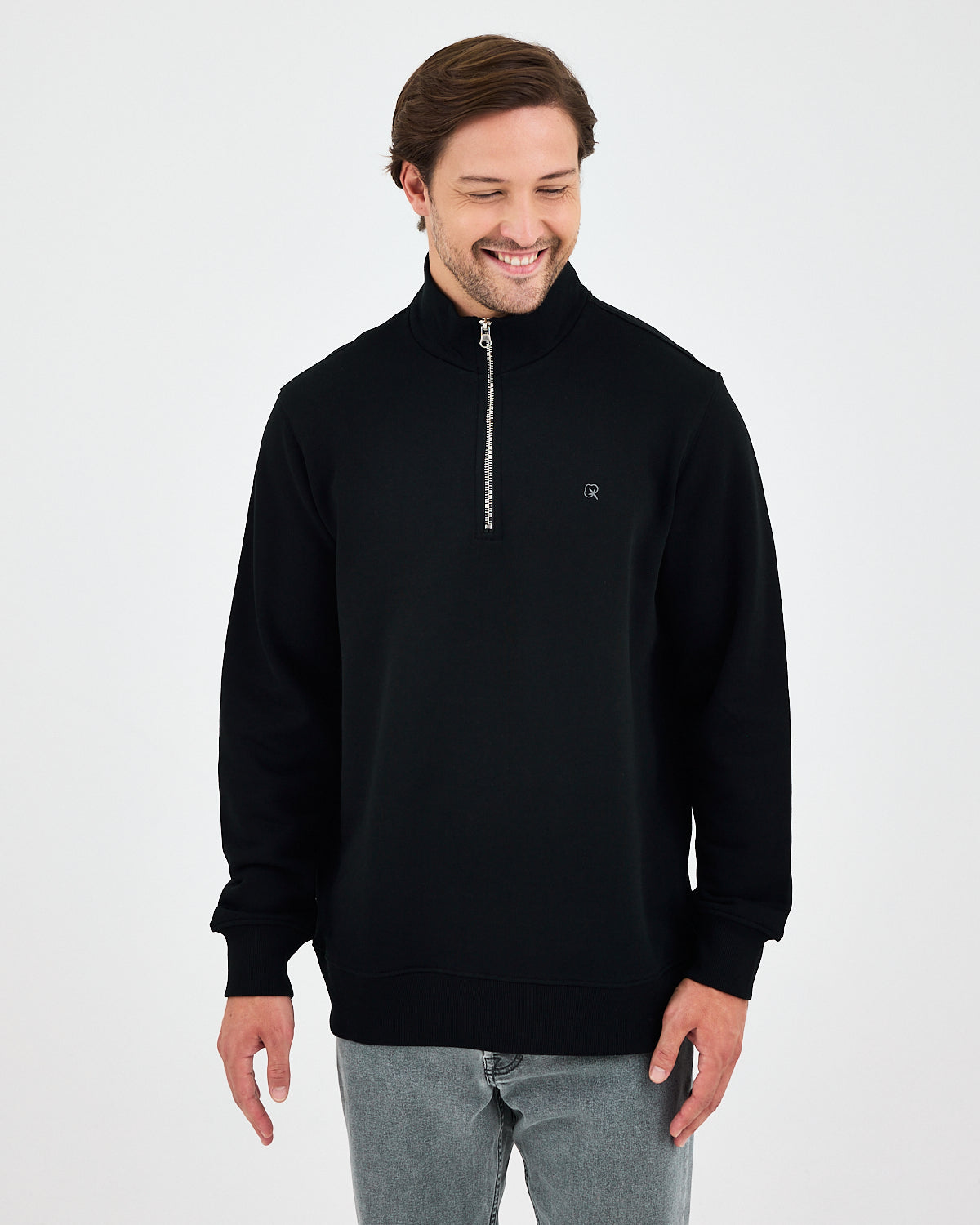 Unisex Siyah Gümüş Nakış Standart Kalıp Organik Pamuk Yarım Fermuarlı Sweatshirt