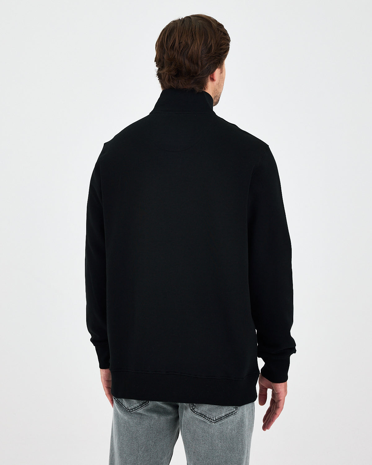 Unisex Siyah Gümüş Nakış Standart Kalıp Organik Pamuk Yarım Fermuarlı Sweatshirt