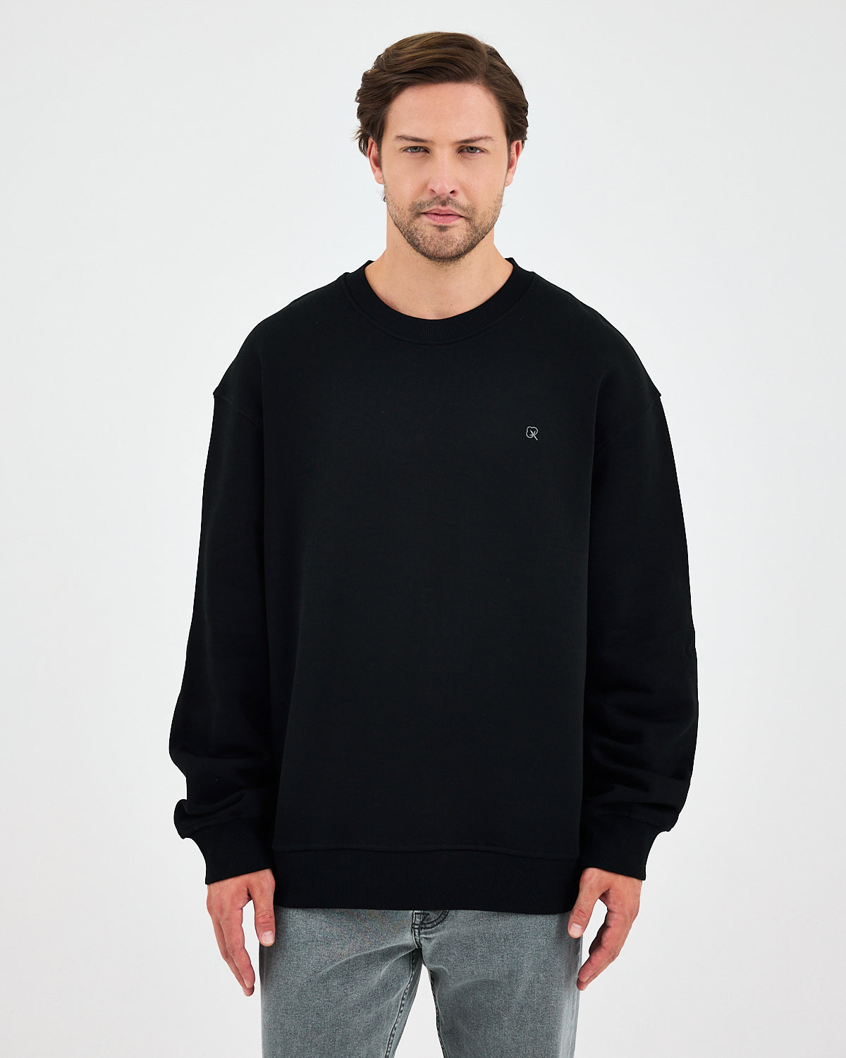 Unisex Siyah Gümüş Nakışlı Oversize Kalıp Organik Pamuklu Sweatshirt