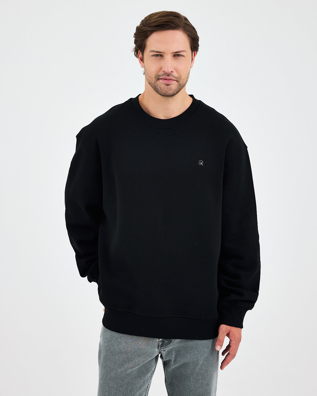 Unisex Siyah Gümüş Nakışlı Oversize Kalıp Organik Pamuklu Sweatshirt