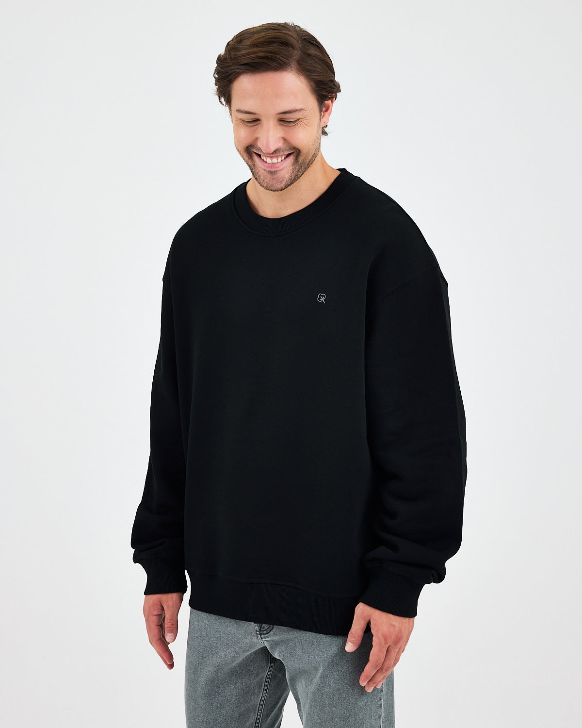 Unisex Siyah Gümüş Nakışlı Oversize Kalıp Organik Pamuklu Sweatshirt