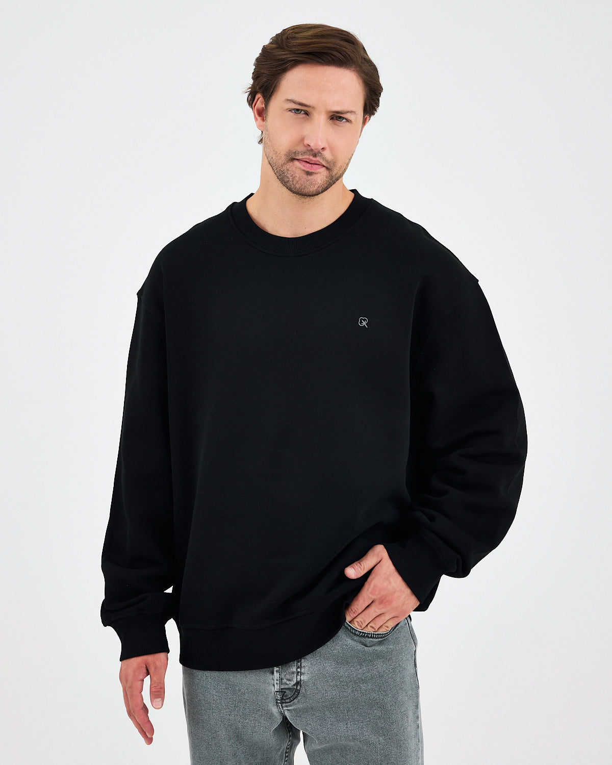 Unisex Siyah Gümüş Nakışlı Oversize Kalıp Organik Pamuklu Sweatshirt