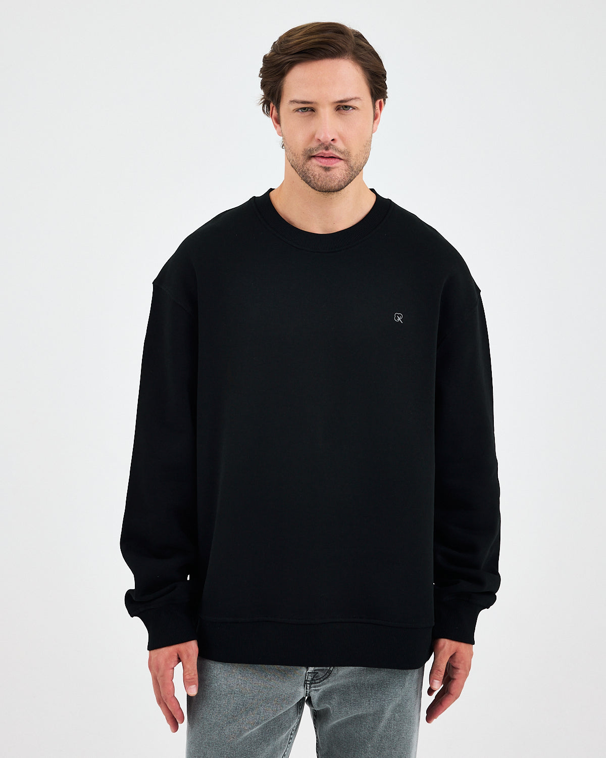 Unisex Siyah Gümüş Nakışlı Oversize Kalıp Organik Pamuklu Sweatshirt