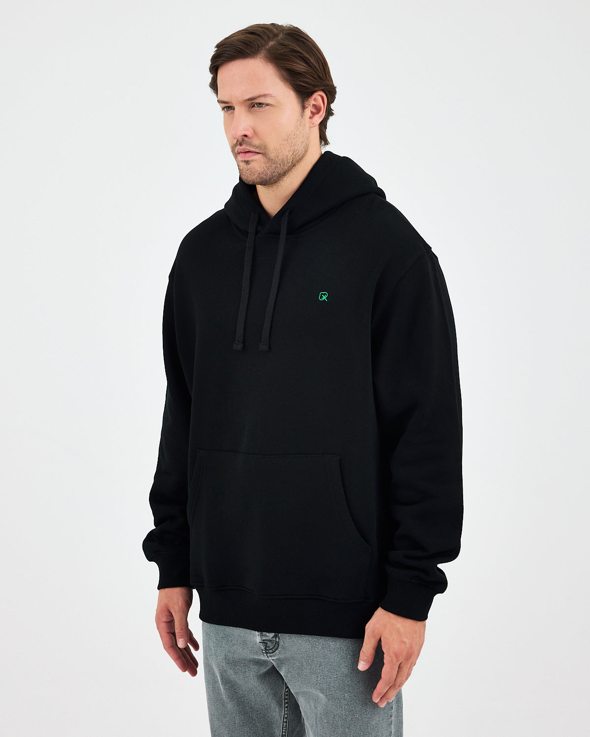 Unisex Green Embroidered Standard Fit Organic Cotton Hoodie -1021203