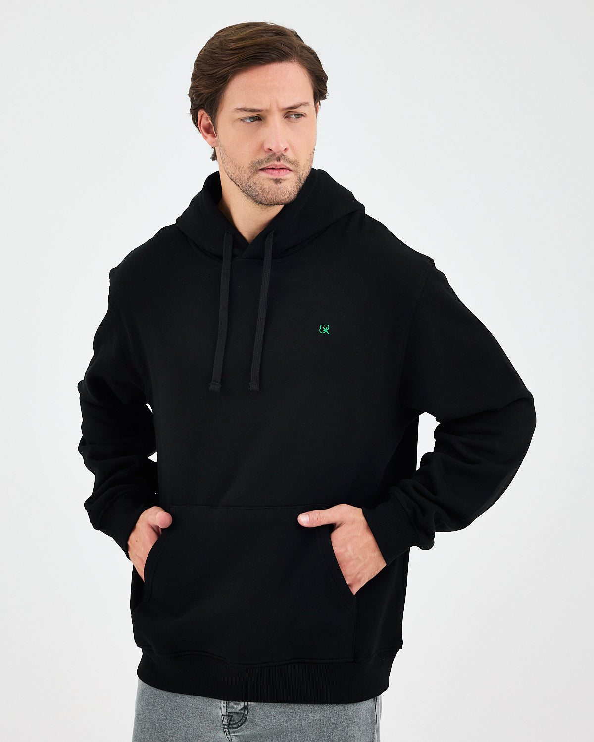 Unisex Green Embroidered Standard Fit Organic Cotton Hoodie -1021203