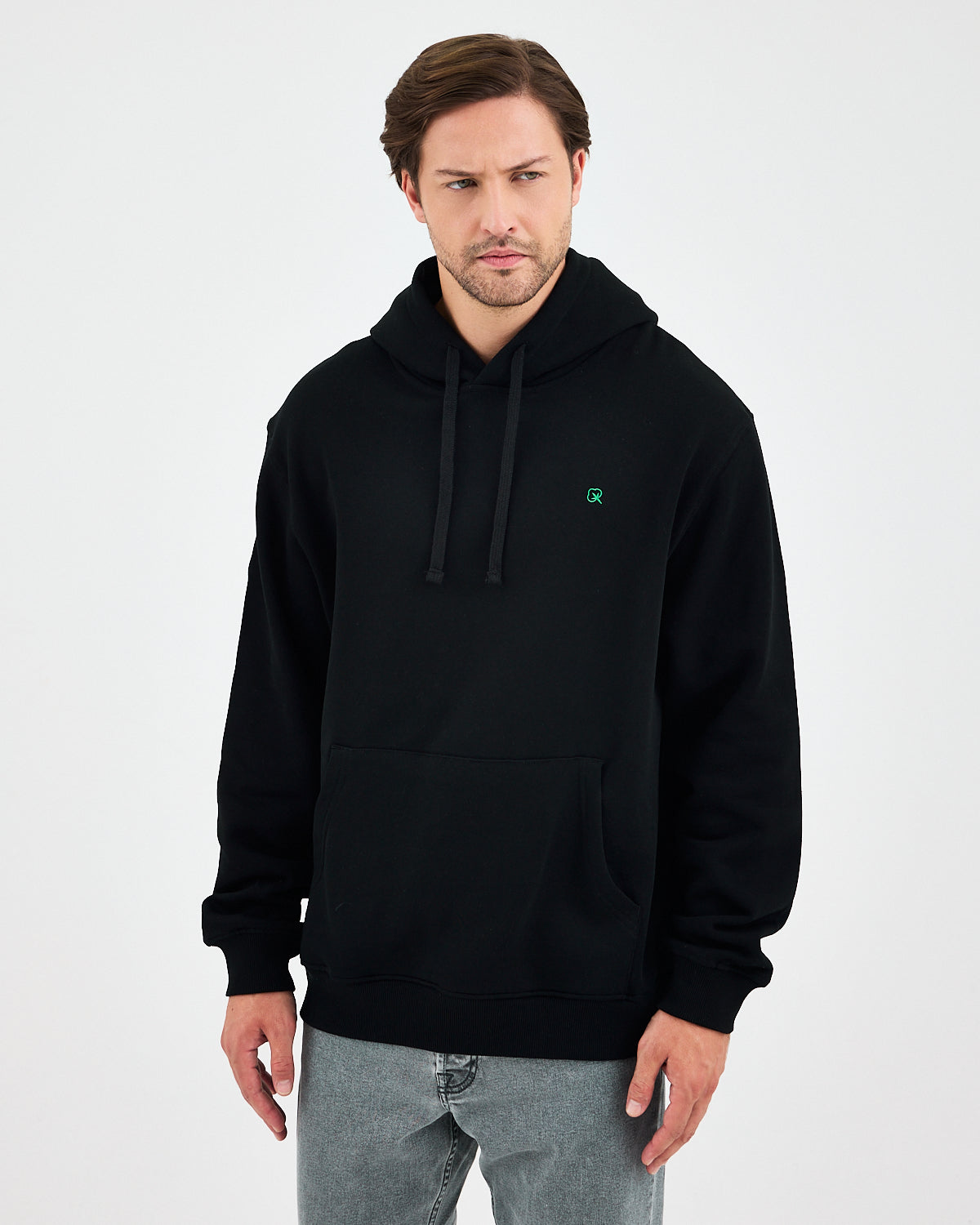 Unisex Green Embroidered Standard Fit Organic Cotton Hoodie -1021203