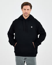 Unisex Siyah Beyaz Aplike Logo Organik Pamuk Standart Kesim Kapüşonlu Sweatshirt