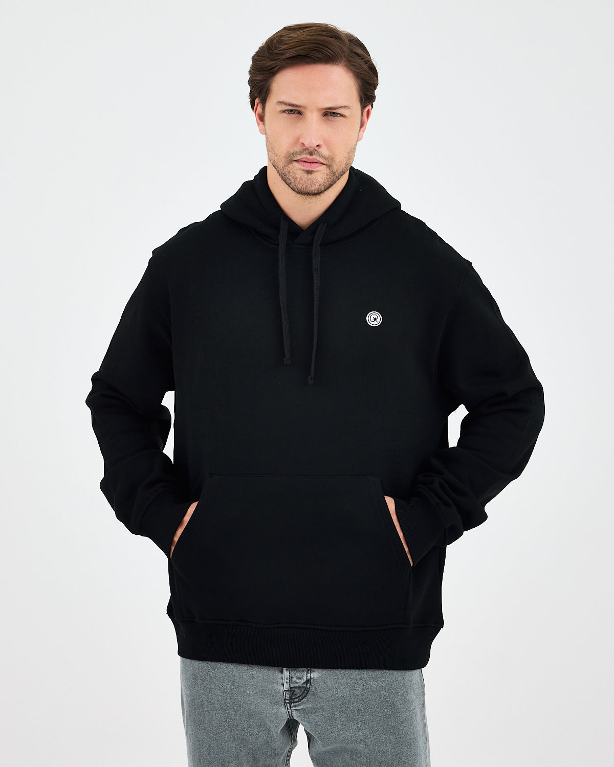 Unisex Siyah Beyaz Aplike Logo Organik Pamuk Standart Kesim Kapüşonlu Sweatshirt