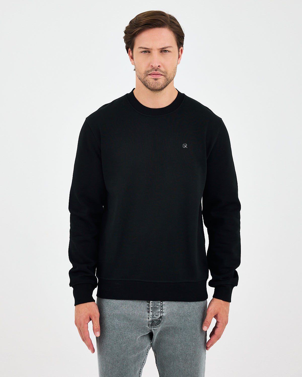 Unisex Siyah Gümüş Nakış Standart Kalıp Organik Pamuklu Sweatshirt
