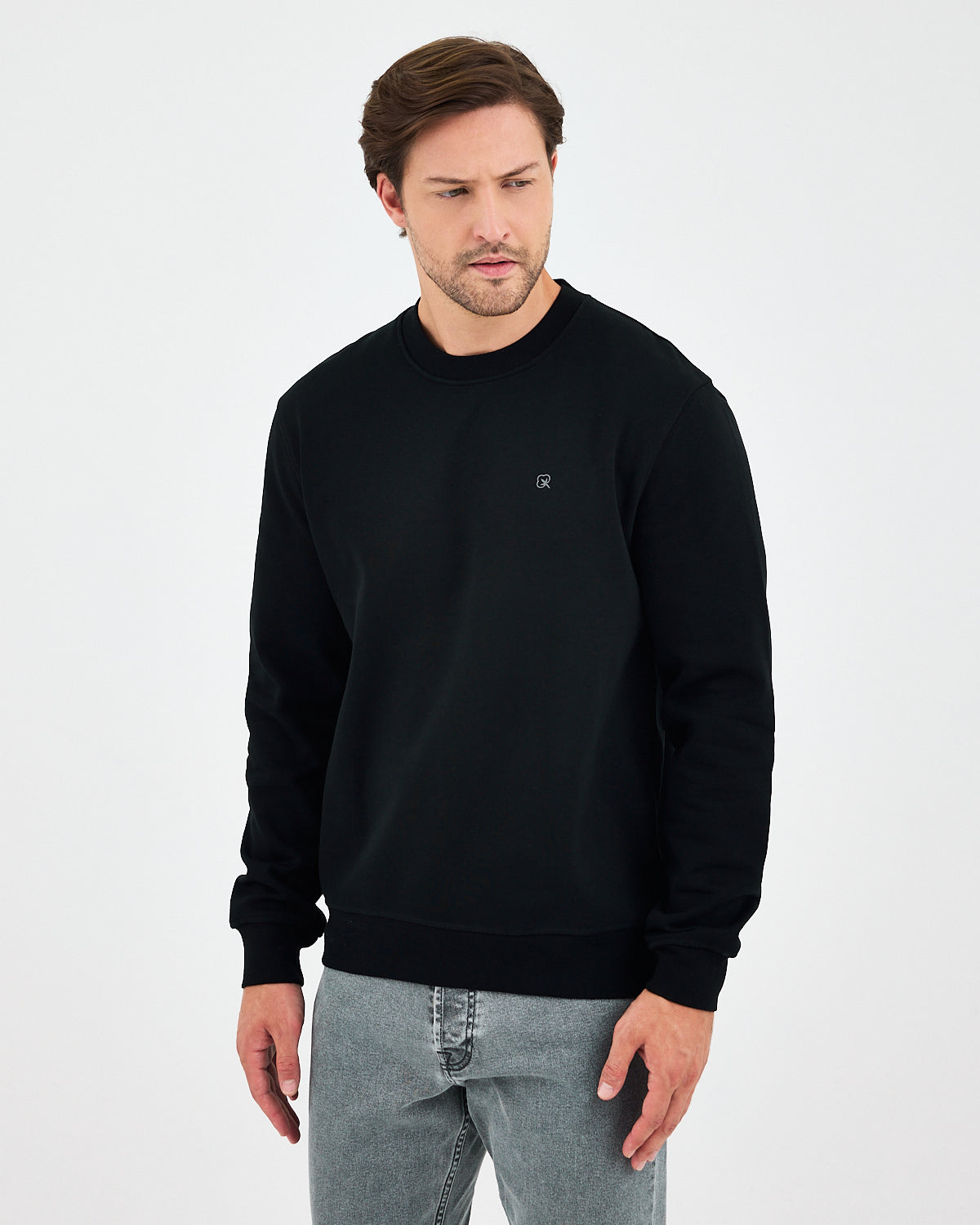 Unisex Siyah Gümüş Nakış Standart Kalıp Organik Pamuklu Sweatshirt