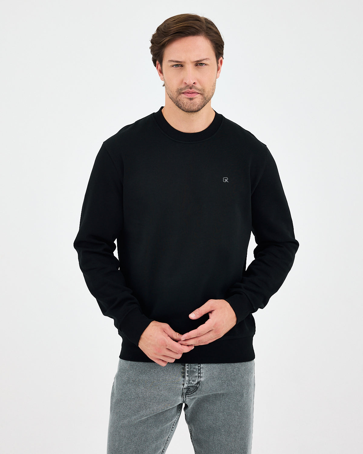 Unisex Siyah Gümüş Nakış Standart Kalıp Organik Pamuklu Sweatshirt