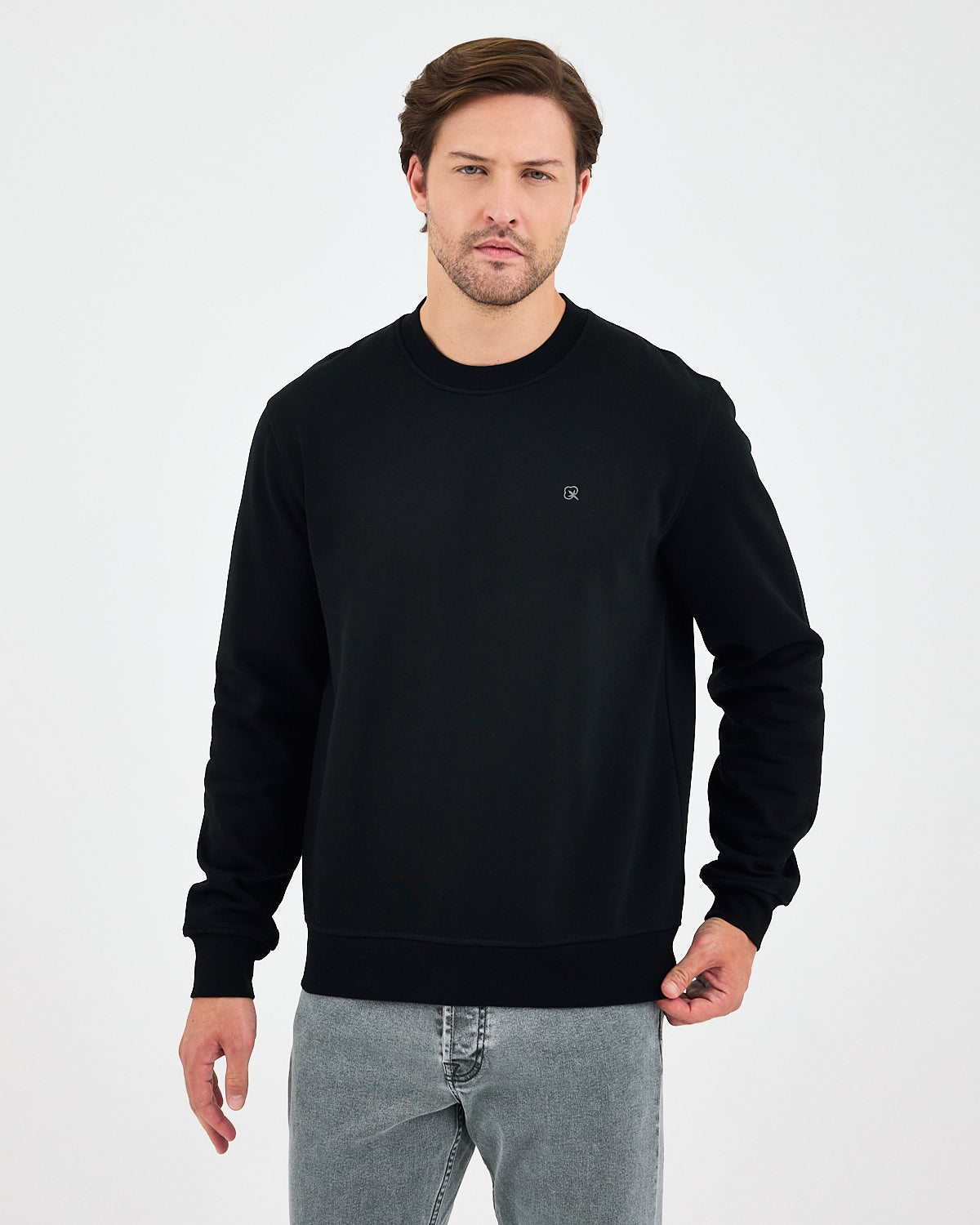 Unisex Siyah Gümüş Nakış Standart Kalıp Organik Pamuklu Sweatshirt