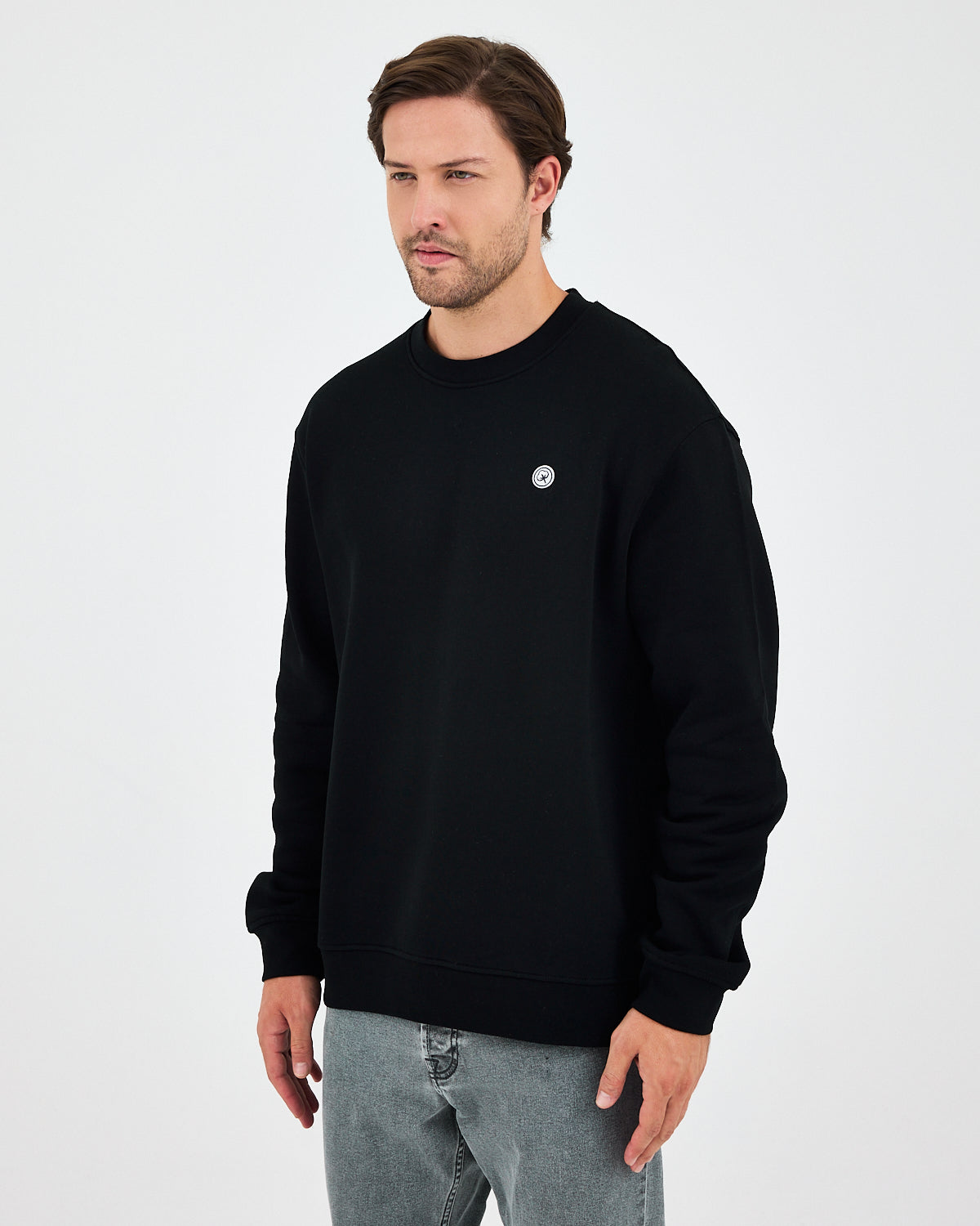 Unisex Siyah Beyaz Aplike Logo Organik Pamuk Rahat Kalıp Bisiklet Yaka Sweatshirt