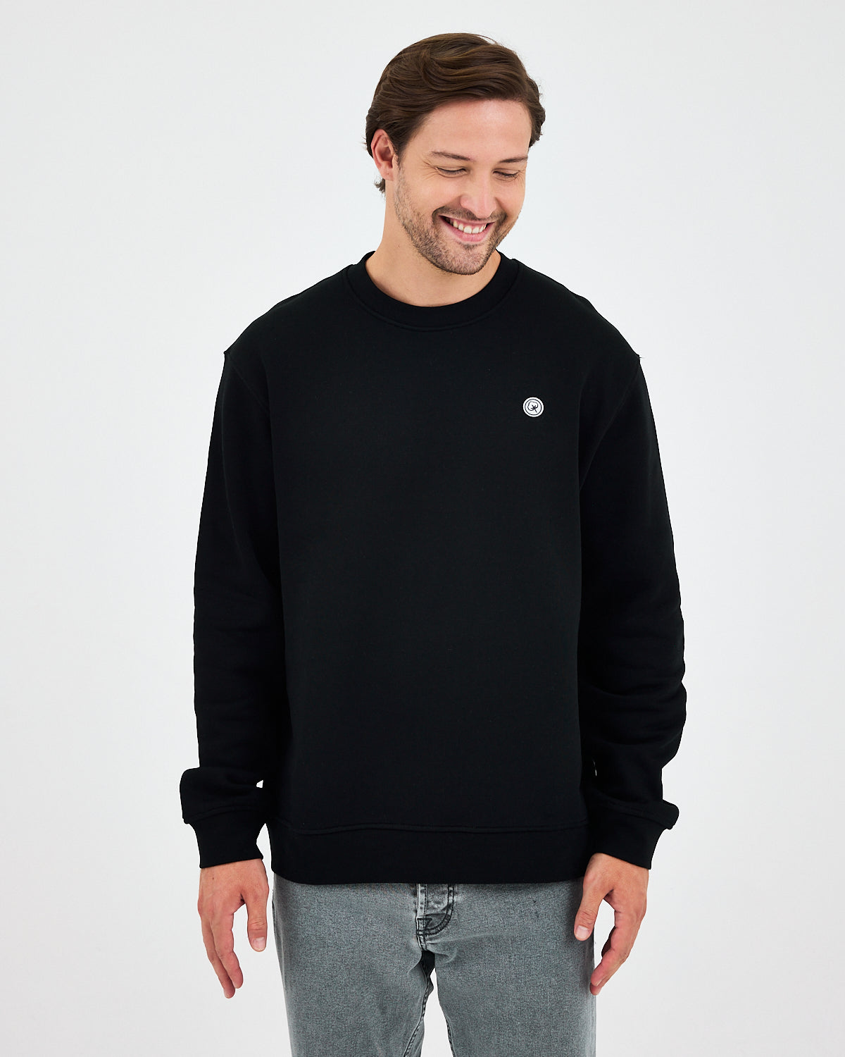 Unisex Siyah Beyaz Aplike Logo Organik Pamuk Rahat Kalıp Bisiklet Yaka Sweatshirt