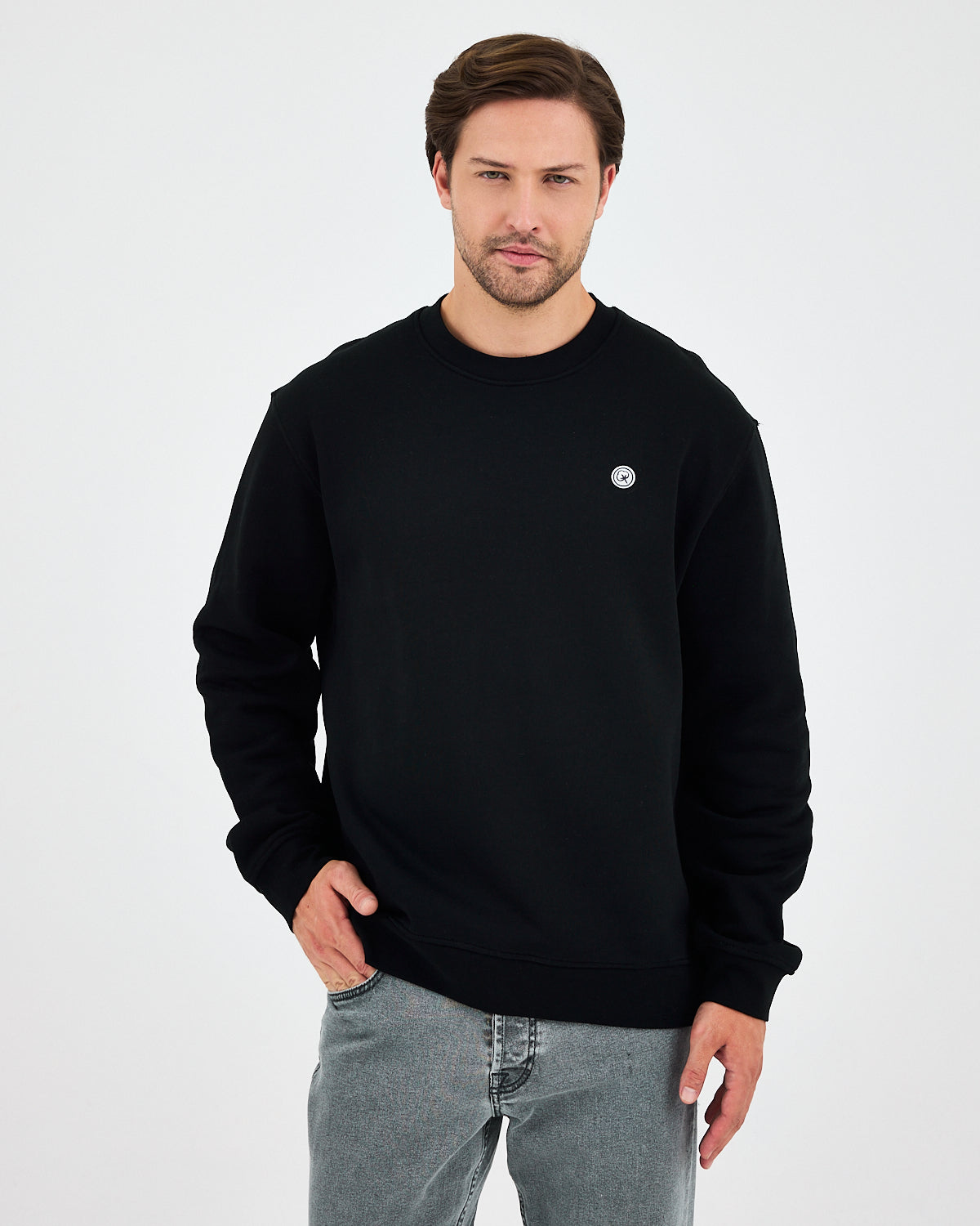 Unisex Siyah Beyaz Aplike Logo Organik Pamuk Rahat Kalıp Bisiklet Yaka Sweatshirt