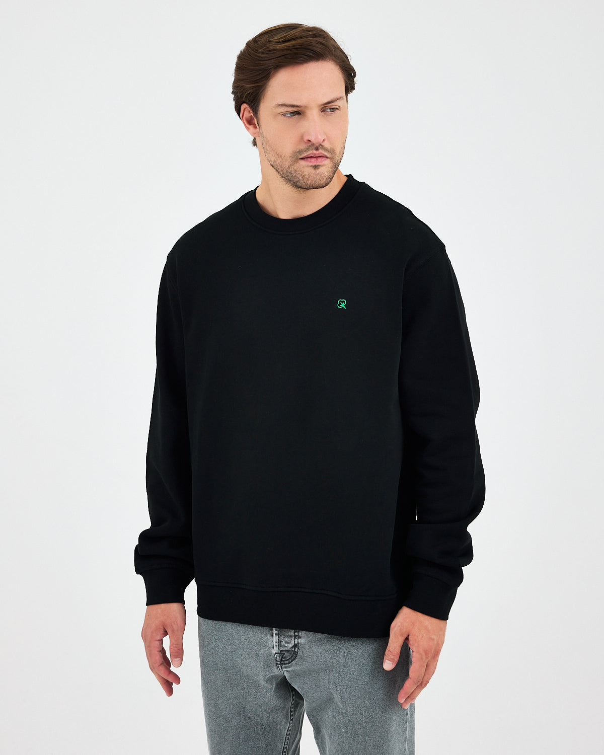 Unisex Siyah Yeşil Nakışlı Bisiklet Yaka Organik Pamuk Rahat Kalıp Sweatshirt