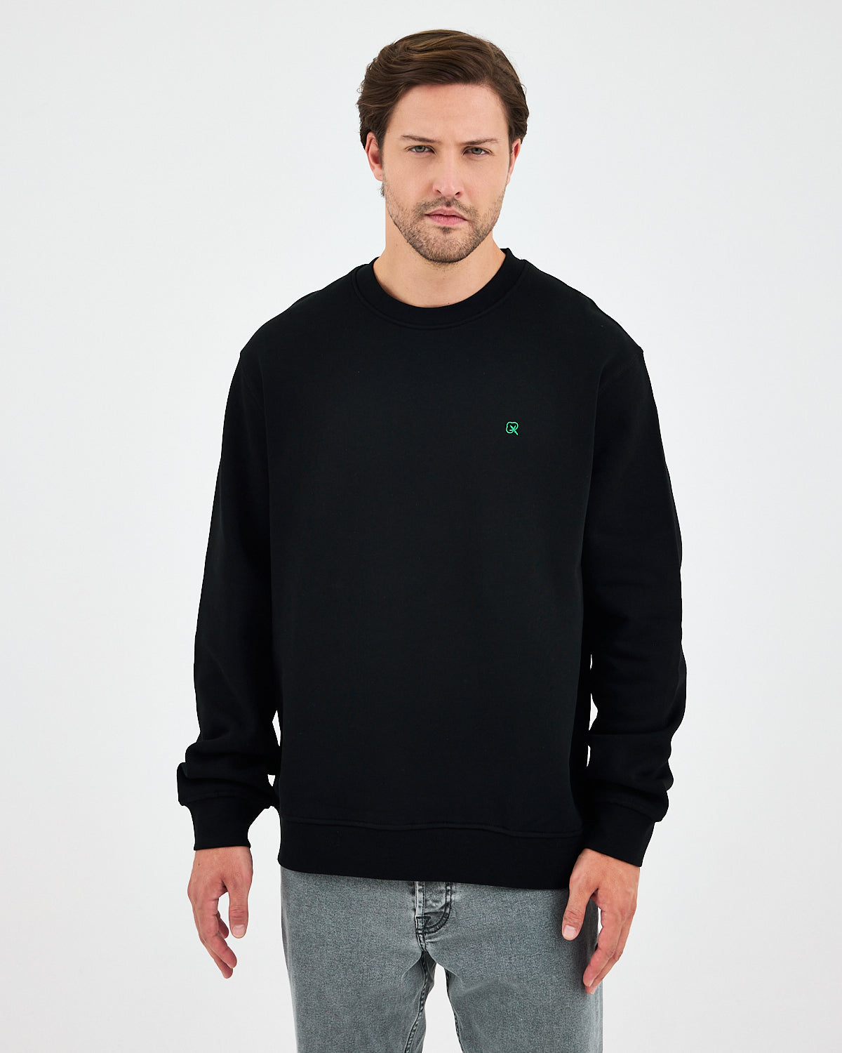 Unisex Siyah Yeşil Nakışlı Bisiklet Yaka Organik Pamuk Rahat Kalıp Sweatshirt