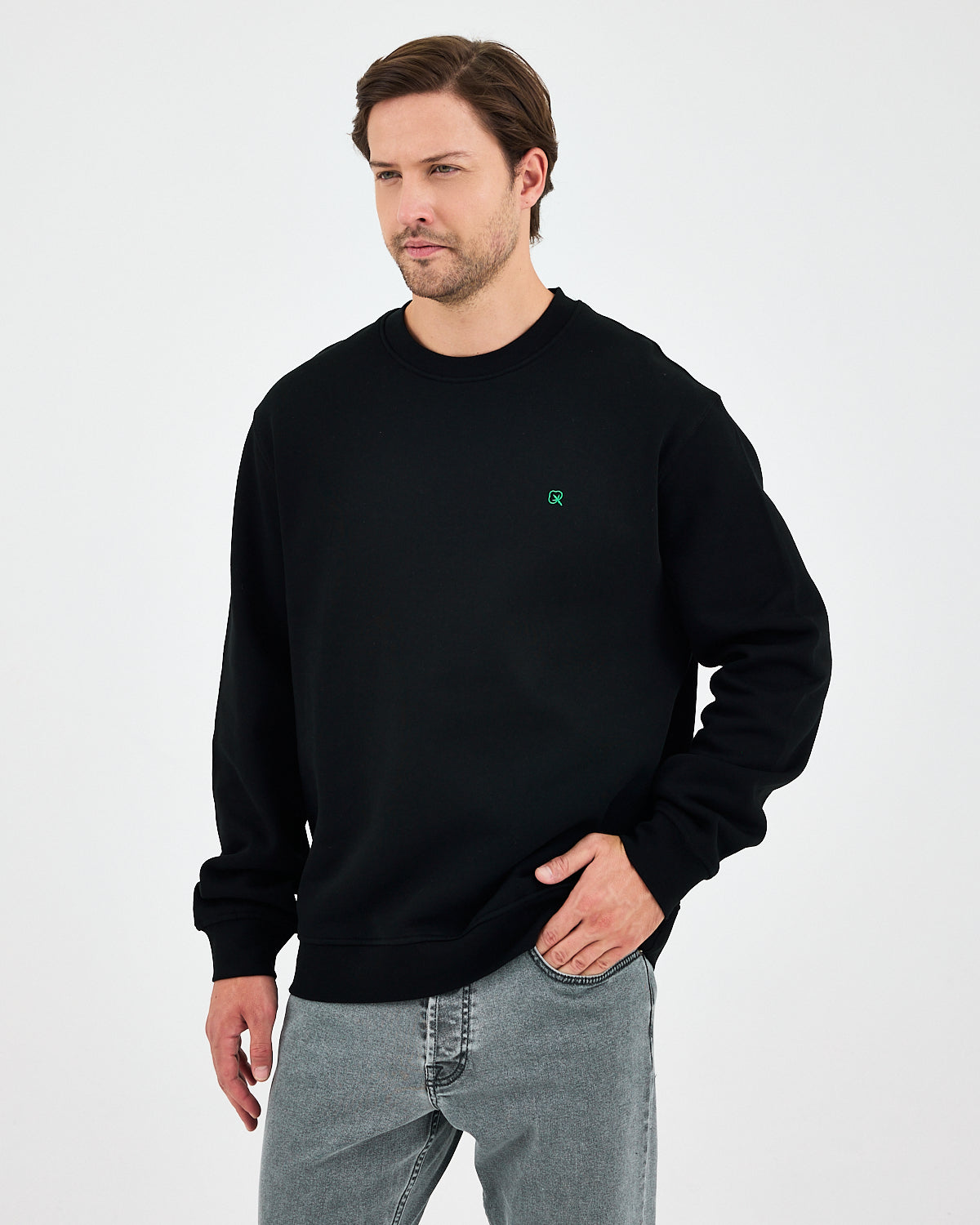 Unisex Siyah Yeşil Nakışlı Bisiklet Yaka Organik Pamuk Rahat Kalıp Sweatshirt