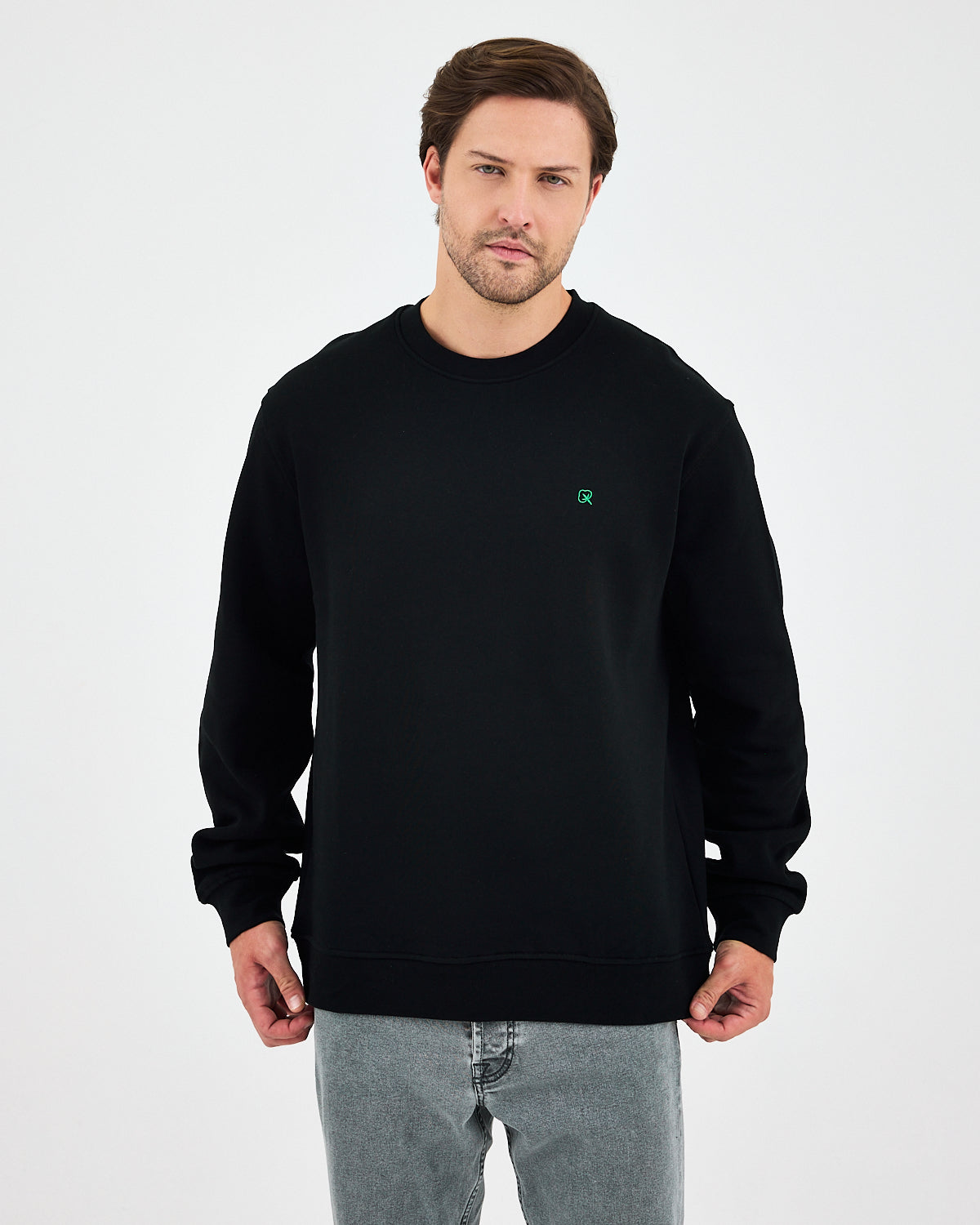 Unisex Siyah Yeşil Nakışlı Bisiklet Yaka Organik Pamuk Rahat Kalıp Sweatshirt