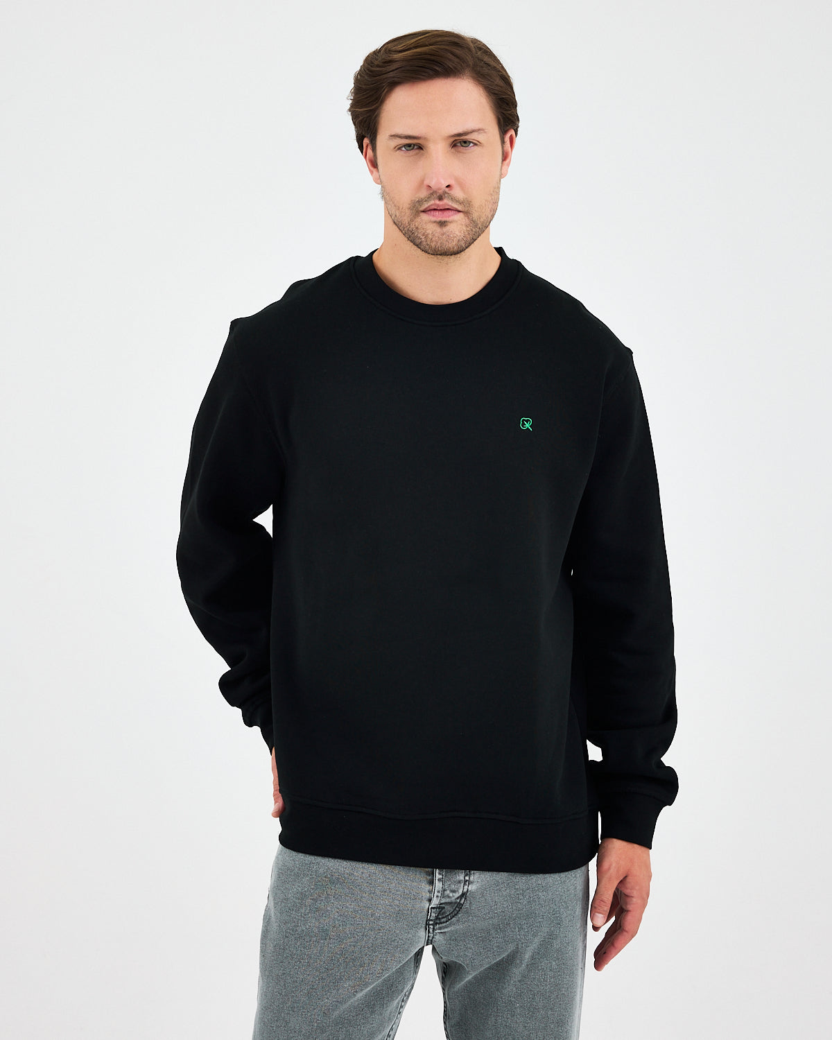 Unisex Siyah Yeşil Nakışlı Bisiklet Yaka Organik Pamuk Rahat Kalıp Sweatshirt
