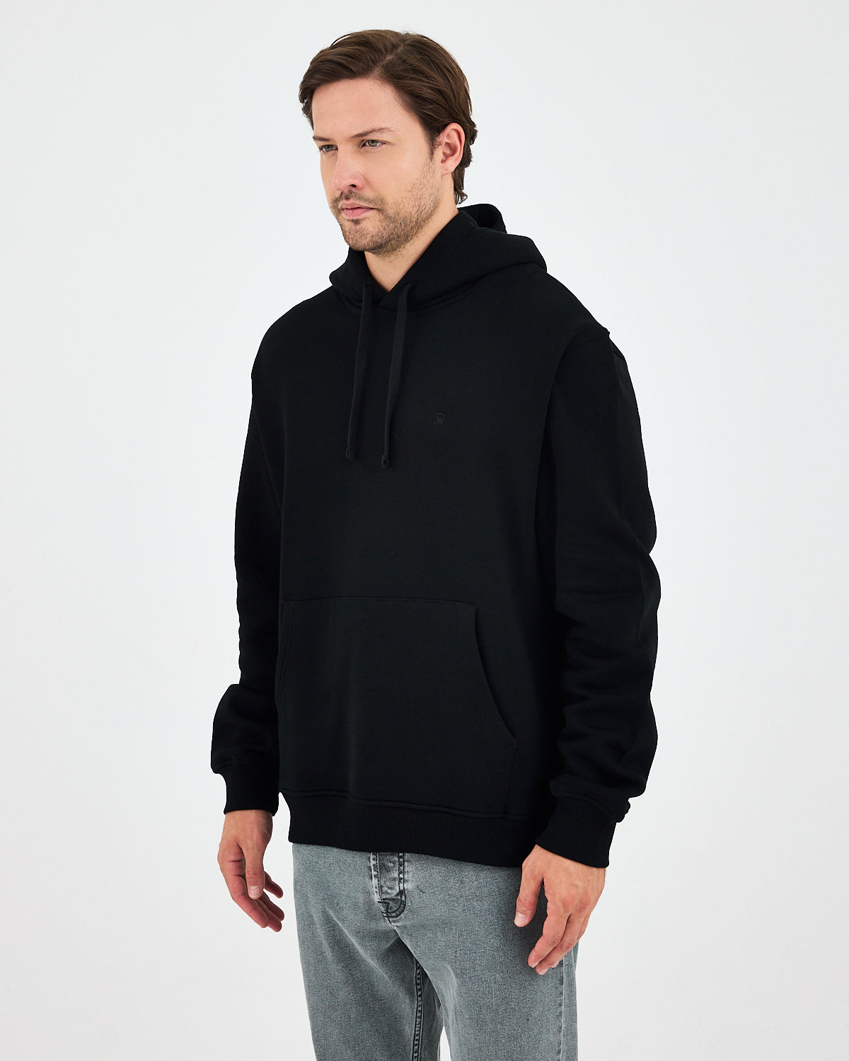Unisex Black Embroidered Hooded Organic Cotton Standard Fit Sweatshirt -1011203